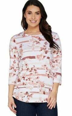 Denim & Co Heavenly Jersey Top XS Pink Floral Stripe Print Antique Rose NWOT